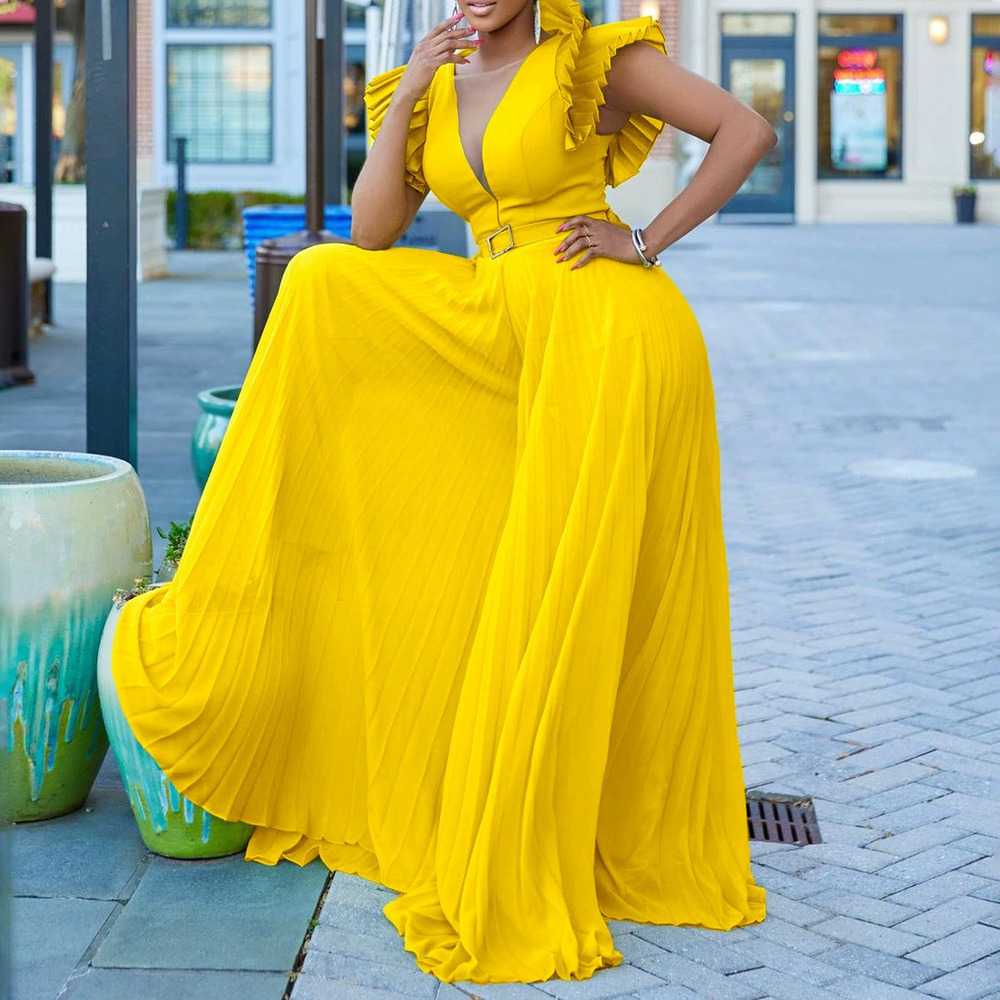 Plus Size Wide Leg Pleated Jumpsuit with Belt Sexy Deep V